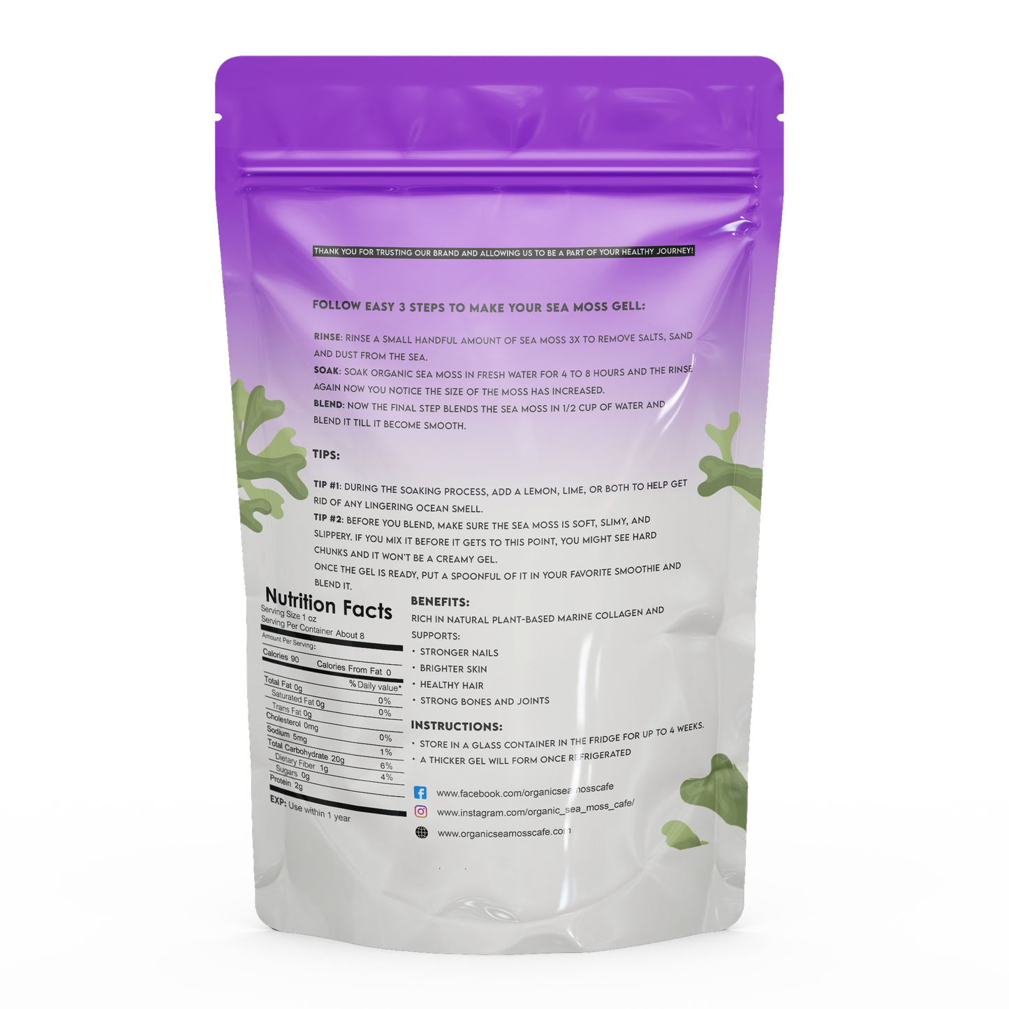 Purple Sea Moss Raw Organic|Wildcrafted Sea Moss|100% Irish sea Moss raw Organic|Non-GMO Sun-Dried Mineral-Rich Super Food for Energy Booster/Healthy /Immunity/Digestion/Collagen (8oz)